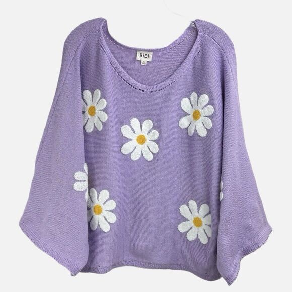 Bibi Daisy Days Print Cropped Sweater Oversized Kimono Sleeves Floral  Purple XL - Picture 2 of 15
